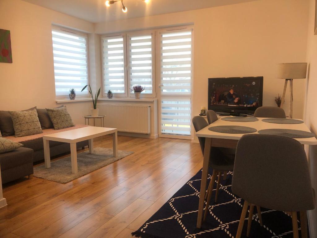 a living room with a couch and a table at Apartament Wielbark Królowej Jadwigi 4m2 in Wielbark