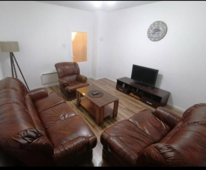 a living room with a leather couch and a tv at ANI Apartments Banja Luka in Banja Luka