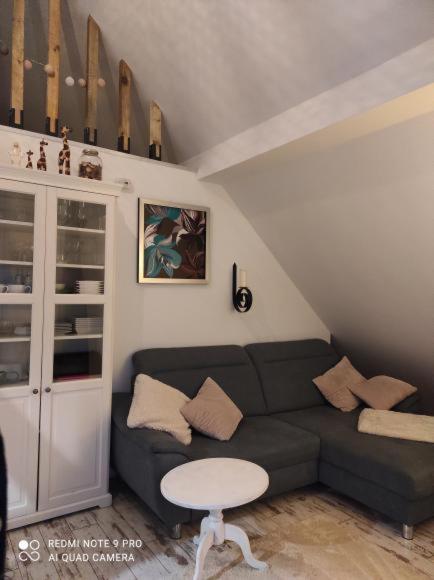 salon z kanapą i stołem w obiekcie Apartament u Bena w mieście Kacwin