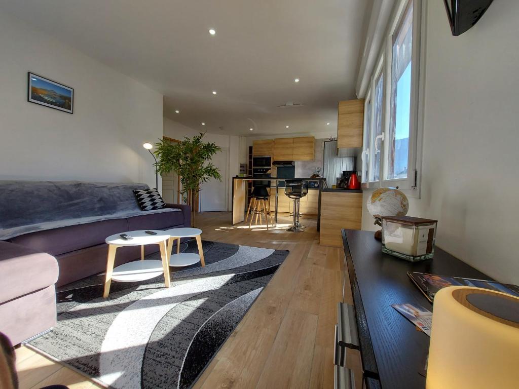 sala de estar con cama, mesa y sofá en Superbe appartement au centre de St Jorioz, en Saint-Jorioz