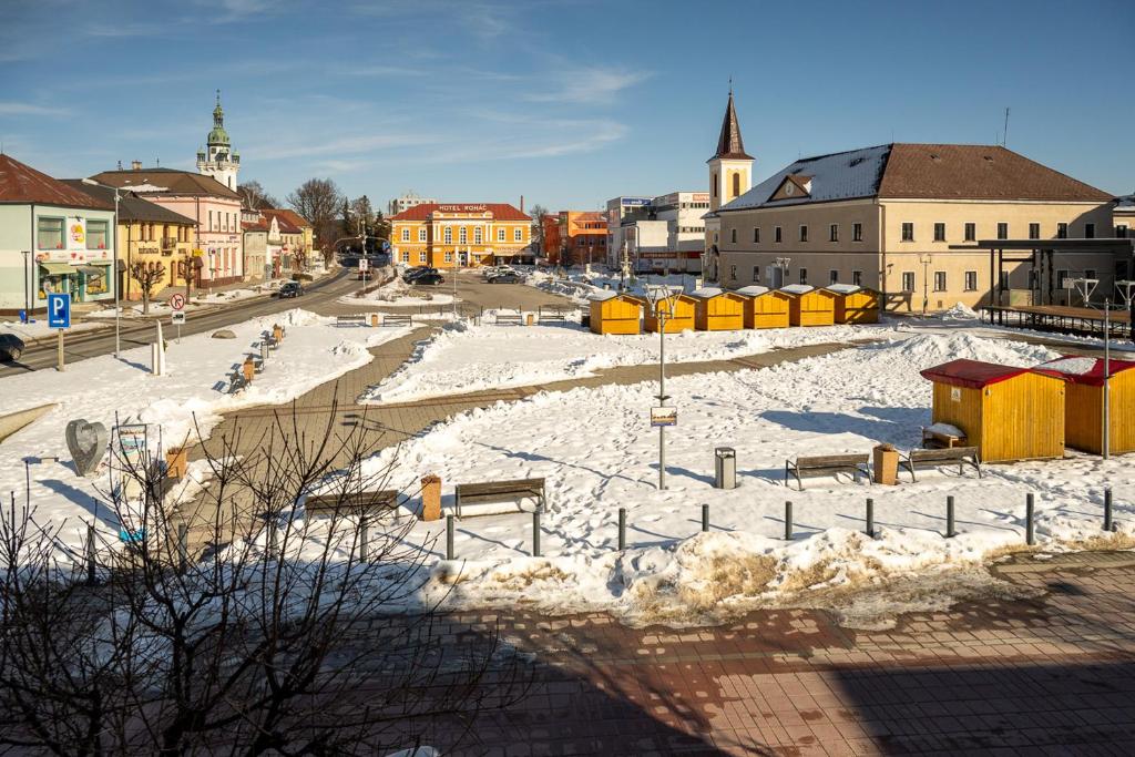 una ciudad cubierta de nieve con edificios y una calle en 2- posteľová izba s kúpeľňou EMKA v PENZION TRSTENÁ, en Trstená