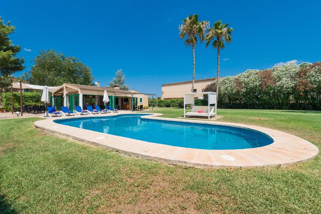 - une piscine dans une cour avec des chaises et un palmier dans l'établissement NEW! VILLA SON RITO PARA 16 PERSONAS, PISCINA, JARDINES y RELAX, à Felanitx