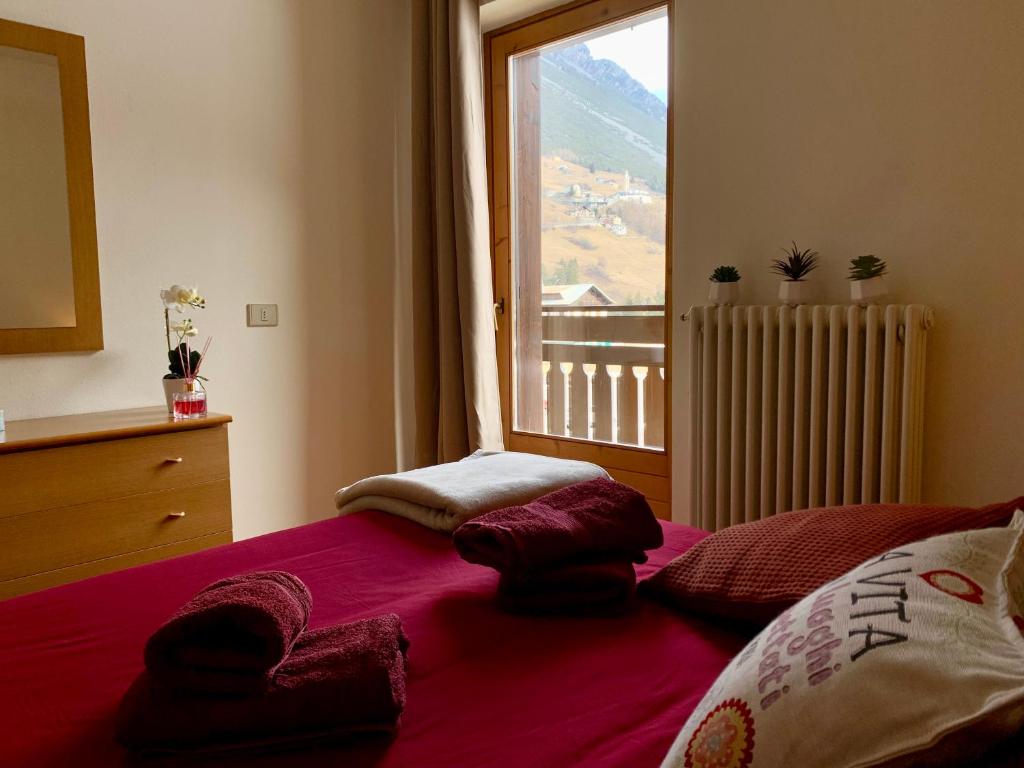 a bedroom with a bed with a large window at Cima de’ Piazzi Apartment in Isolaccia