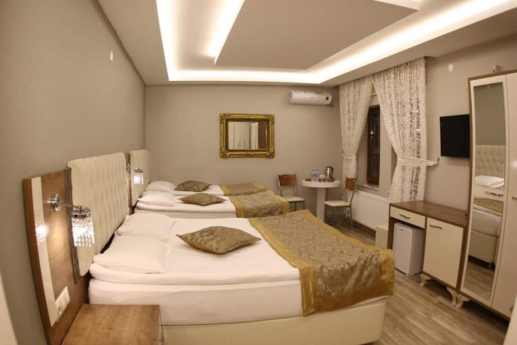 アマスィヤにあるSehri̇-zade Yalisiのベッド2台とバスルームが備わるホテルルームです。