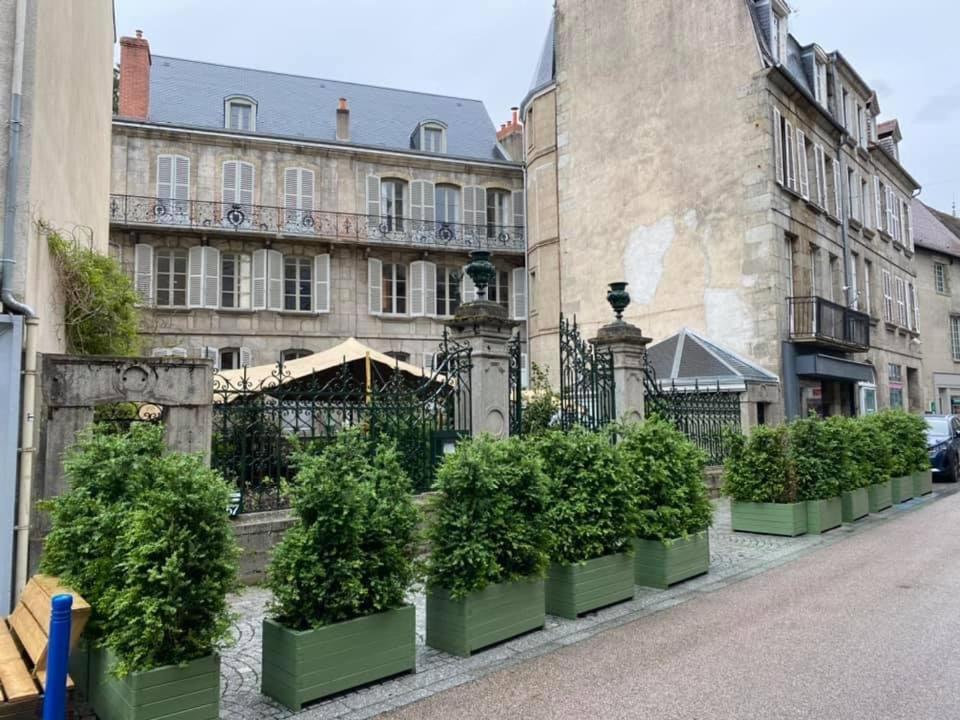 uma fila de vasos de plantas em frente a um edifício em Hôtel de Colbert em Aubusson