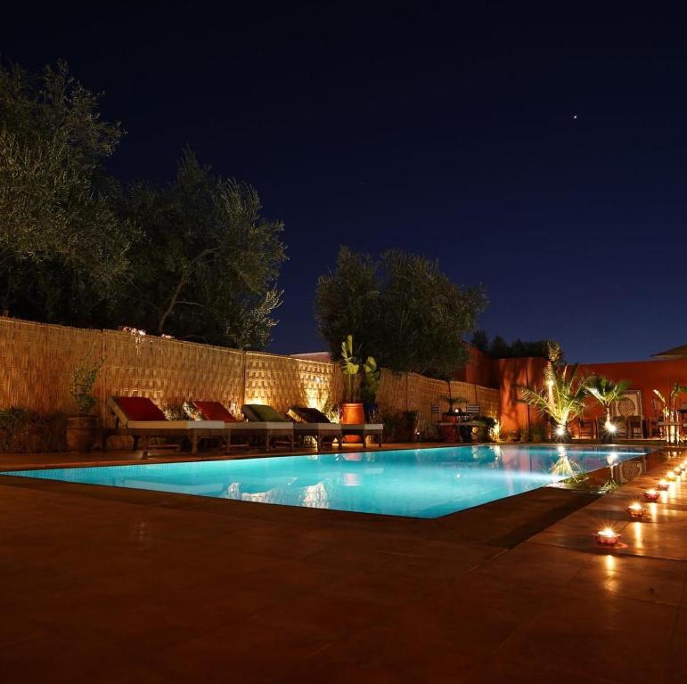 een zwembad 's nachts met verlichting bij Beldicolors in Marrakesh