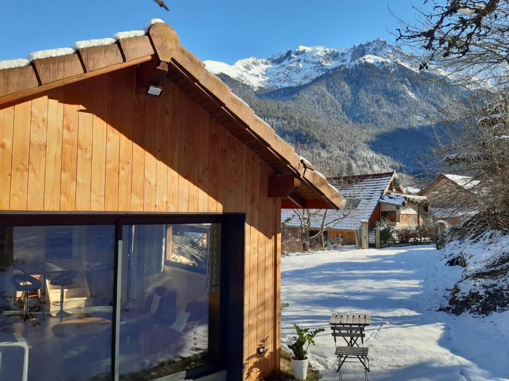 a house with a view of a mountain at Gîte l'Eterlou - Chalet cosy avec jardin et vue sur Belledonne in Saint-Mury-Monteymond