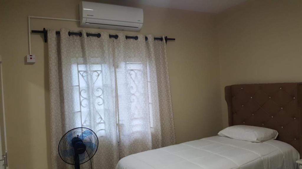 a bedroom with a bed and a window with a fan at Red Hassell Manor in Port Antonio