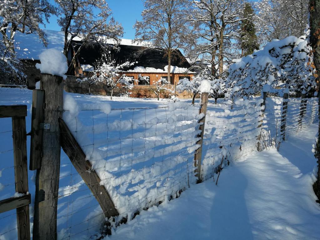una cerca cubierta de nieve frente a una casa en Gite spacieux et cosy à la campagne proche de Strasbourg, en Achenheim