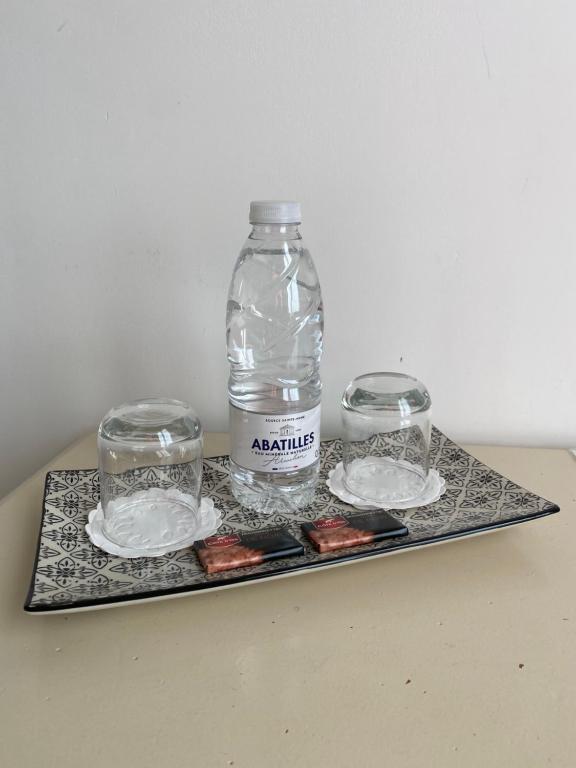 a bottle of water and two glasses on a tray at L&#39;Estanquet Bed and Breakfast pdj offert in Gastes