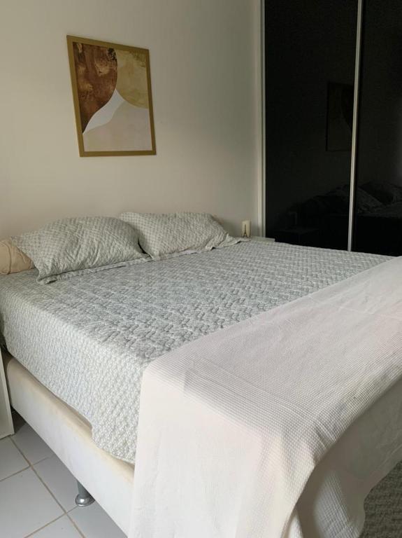 a white bed in a bedroom with a picture on the wall at Monte Castelo Gravatá in Gravatá