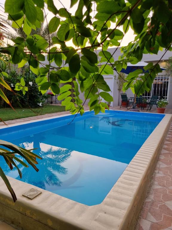 a swimming pool with blue water and green trees at Valley Villa in Jeddah