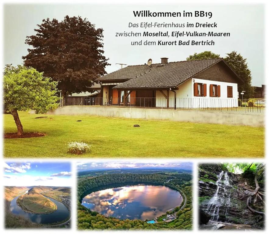 a collage of pictures of a house and a pond at BB19 Eifel-Ferienhaus am Moseltal mit Saunahaus in Beuren