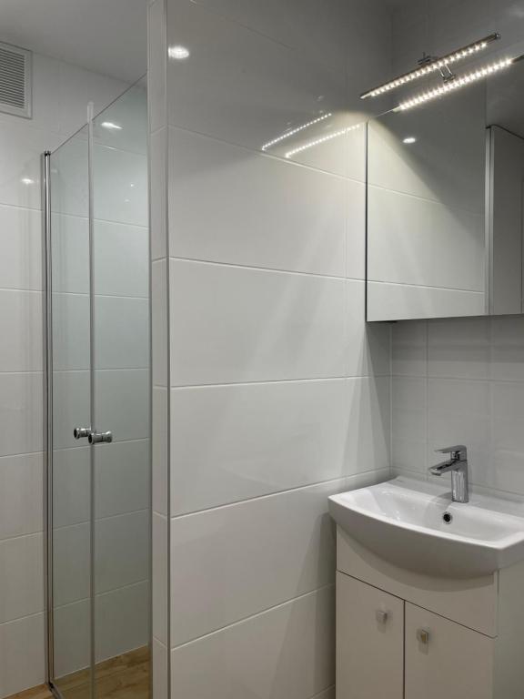bagno bianco con lavandino e doccia di Apartament -Dwudziestka a Sandomierz