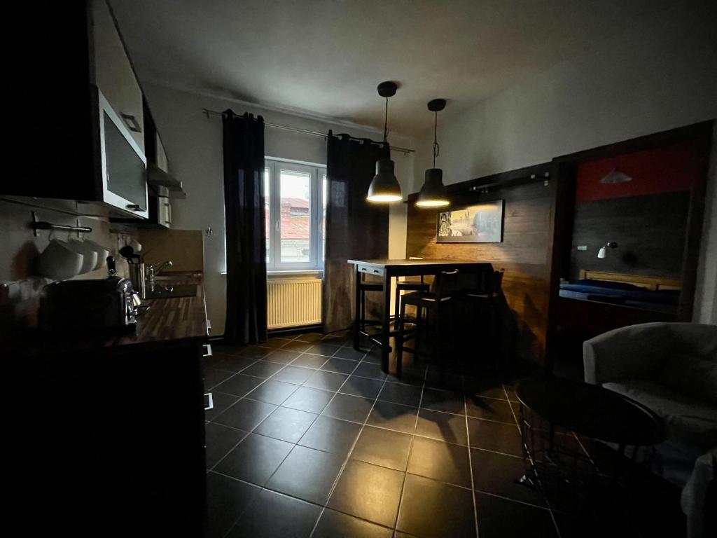 a living room with a table and a kitchen at Stylové apartmánky in Frýdek-Místek