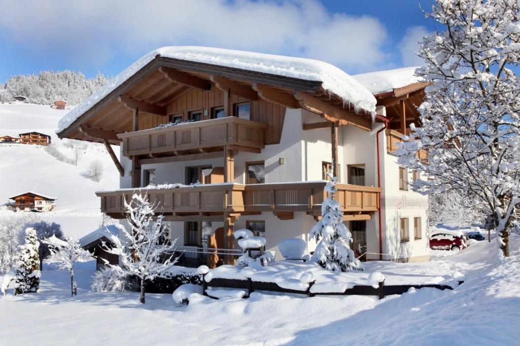 a house in the snow with snow covered trees at Appartements Metzgerhof in Niederau