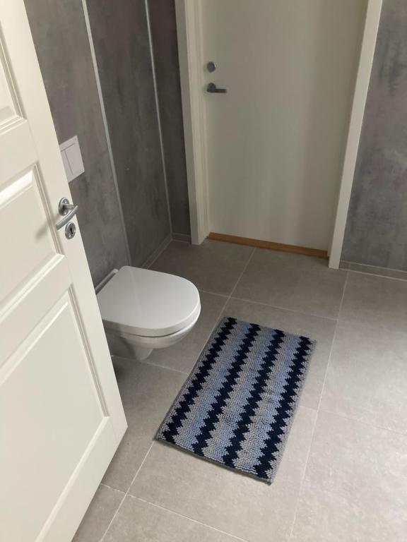 a bathroom with a white toilet and a blue rug at Downtown Historical House with Renovated apartments in Ålesund
