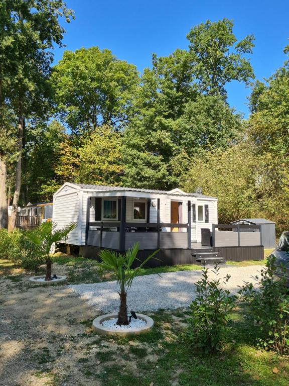 une petite maison avec un palmier dans la cour dans l'établissement Mobil-home 6 personnes climatisé le Miami, à Saint-Chéron