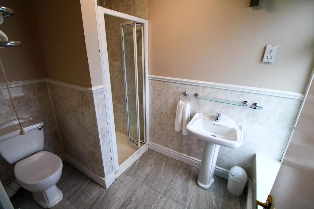 a bathroom with a toilet a sink and a shower at Beulah Guest House in Portrush