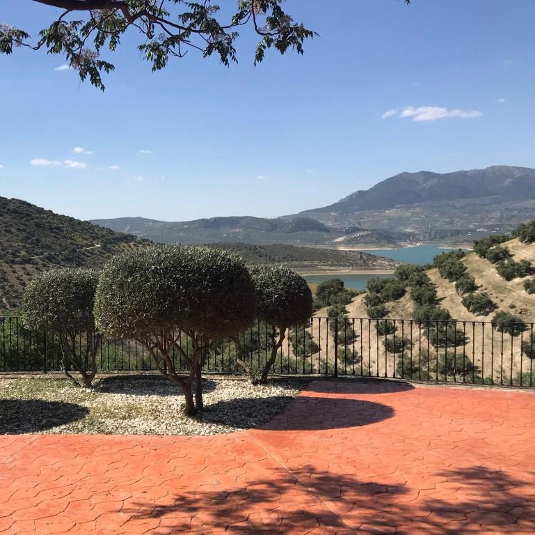 a garden with trees and a fence and a lake at Cortijo Rocas Altas in Iznájar