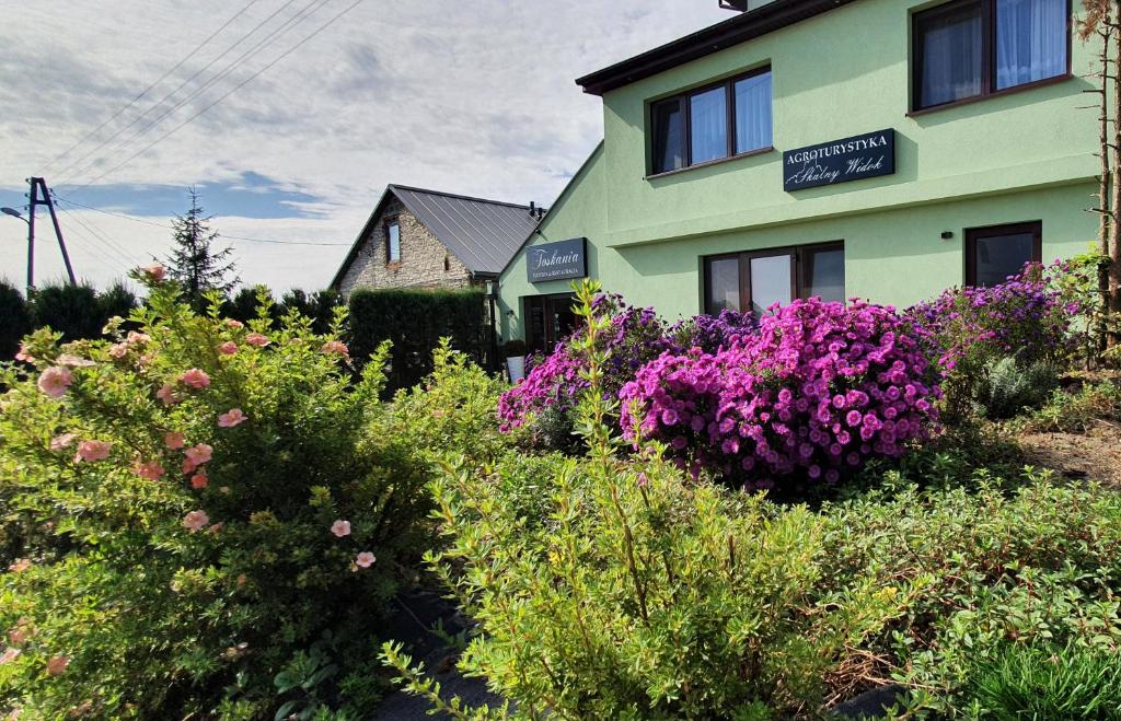 a green building with flowers in front of it at Skalny Widok in Hucisko