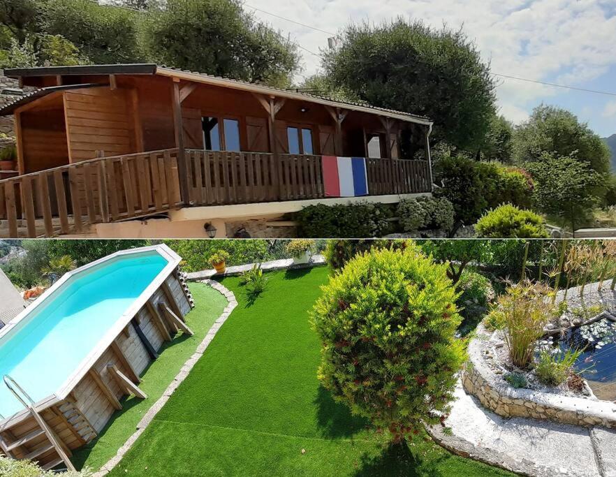 ein Haus mit einem Garten mit Pool in der Unterkunft Le Chalet de la Pierreraie Côte d'Azur Piscine Terrasse et Vue Mer in Drap