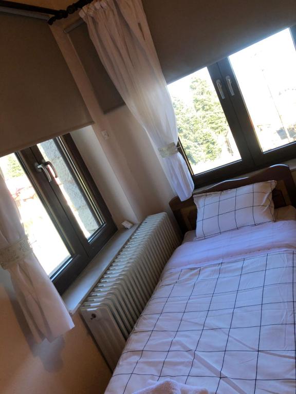 a small bedroom with a bed and two windows at Charoula Pavliani Fthiotidas in Pavliani