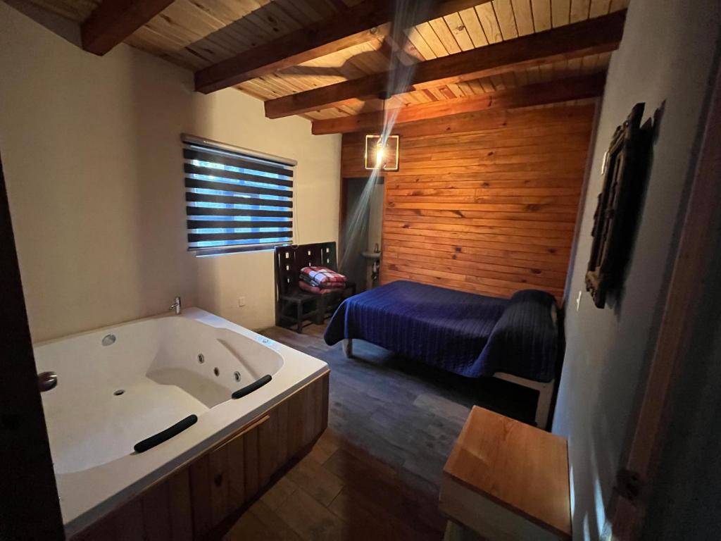 ein großes Bad mit einer Badewanne und einem Bett in der Unterkunft Mazamitla - Cabaña Topacio in Mazamitla