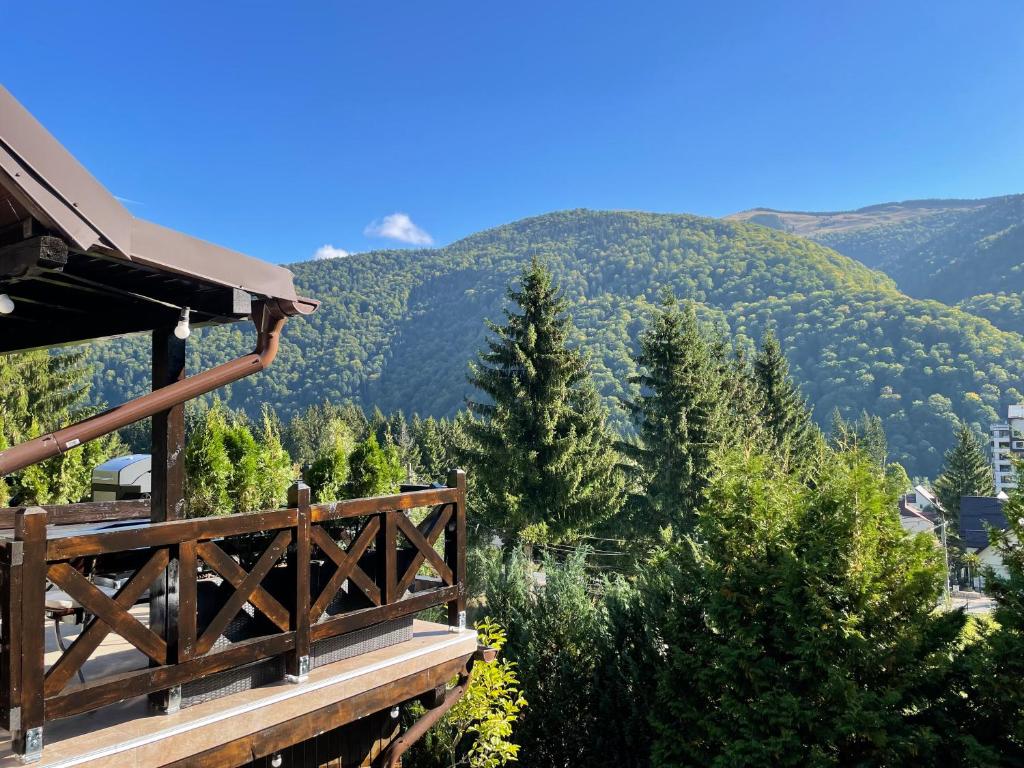 a balcony of a house with a view of mountains at The Nest in Sinaia