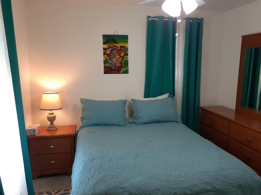 1 dormitorio con 1 cama con sábanas azules y espejo en A Touch of Madagascar in Fort Walton Beach with HEATING POOL, en Fort Walton Beach