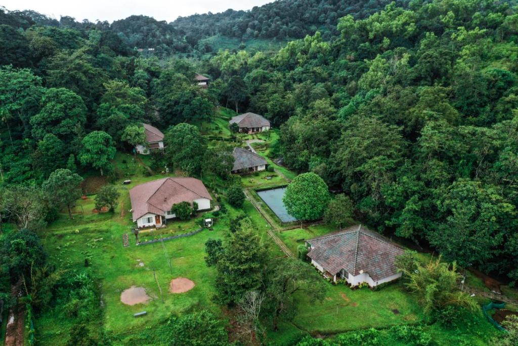 eine Luftansicht eines Hauses inmitten eines Waldes in der Unterkunft Abad Brookside Wayanad in Vythiri