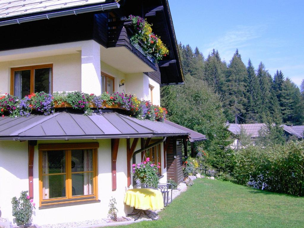 ゾンネンアルペ・ナスフェルトにあるHoliday apartment in Nassfeld Carinthia with saunaの花箱付きの家