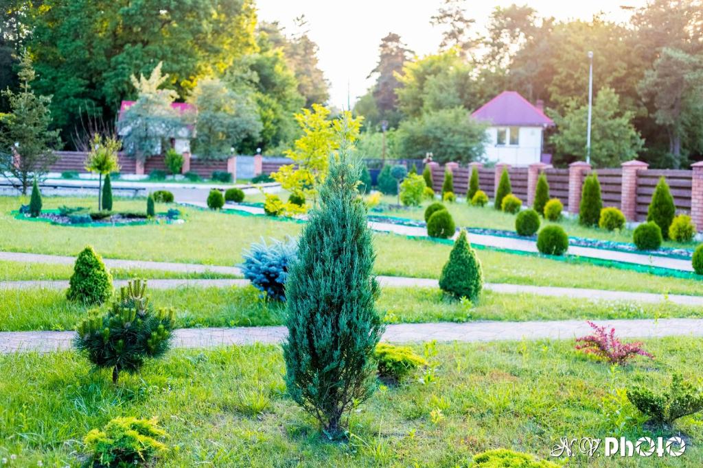 a garden with trees and bushes in the grass at Приозерний заїзд 