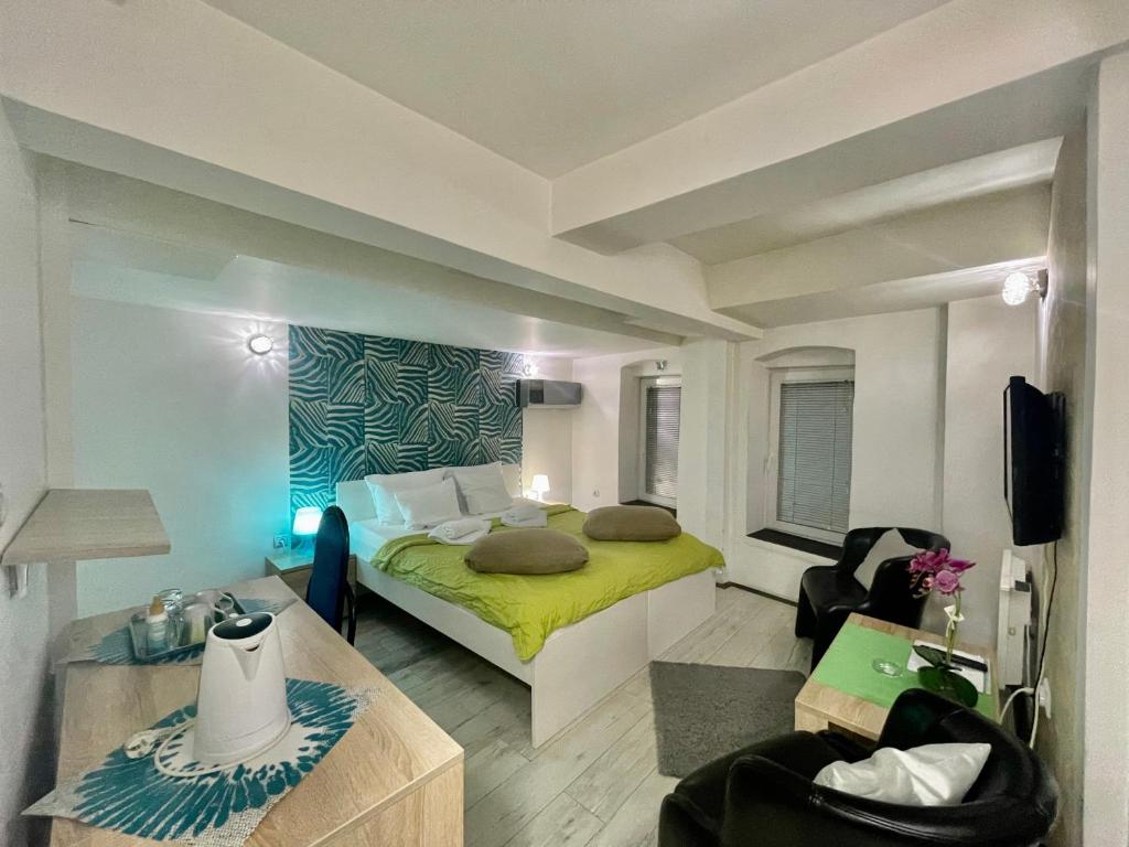 a bedroom with a bed and a tv in it at Apartments Aleksandra in Kragujevac