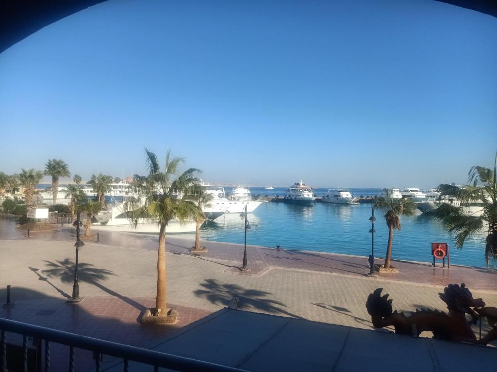 a view of a body of water with palm trees and boats at Marena Hurghada in Hurghada