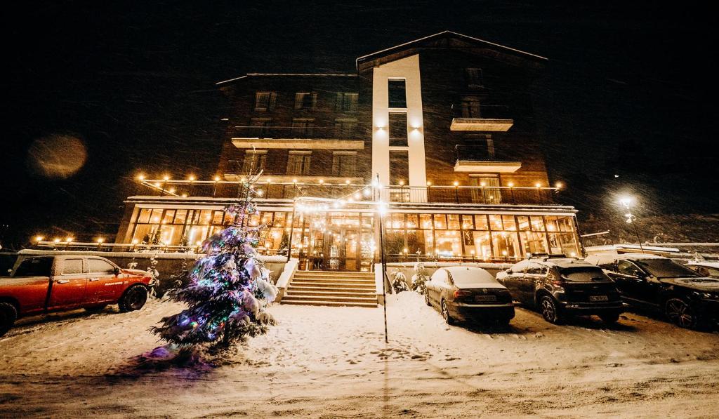 Drzewo świąteczne przed budynkiem w śniegu w obiekcie Loft Hotel w mieście Bukowel