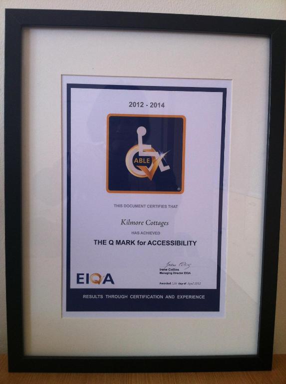Certifikát, hodnocení, plakát nebo jiný dokument vystavený v ubytování Kilmore Cottages Self - Catering