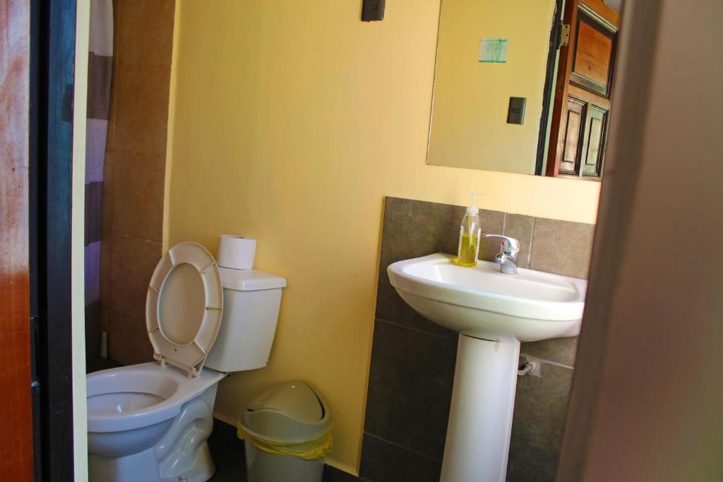 a bathroom with a toilet and a sink at Aji Hostel in Santiago