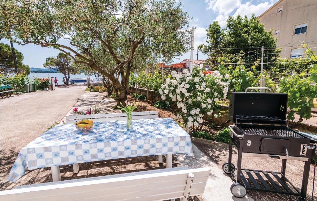 a table and a grill with a laptop on it at Amazing Apartment In Turanj With 3 Bedrooms in Turanj