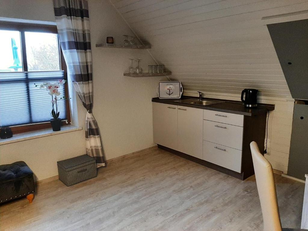 a kitchen with a counter and a sink in a room at Urlaub am Peenestrom in Neukalen