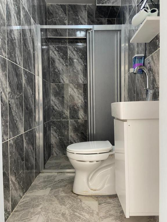 La salle de bains est pourvue de toilettes, d'une douche et d'un lavabo. dans l'établissement beydağı suit, à Istanbul