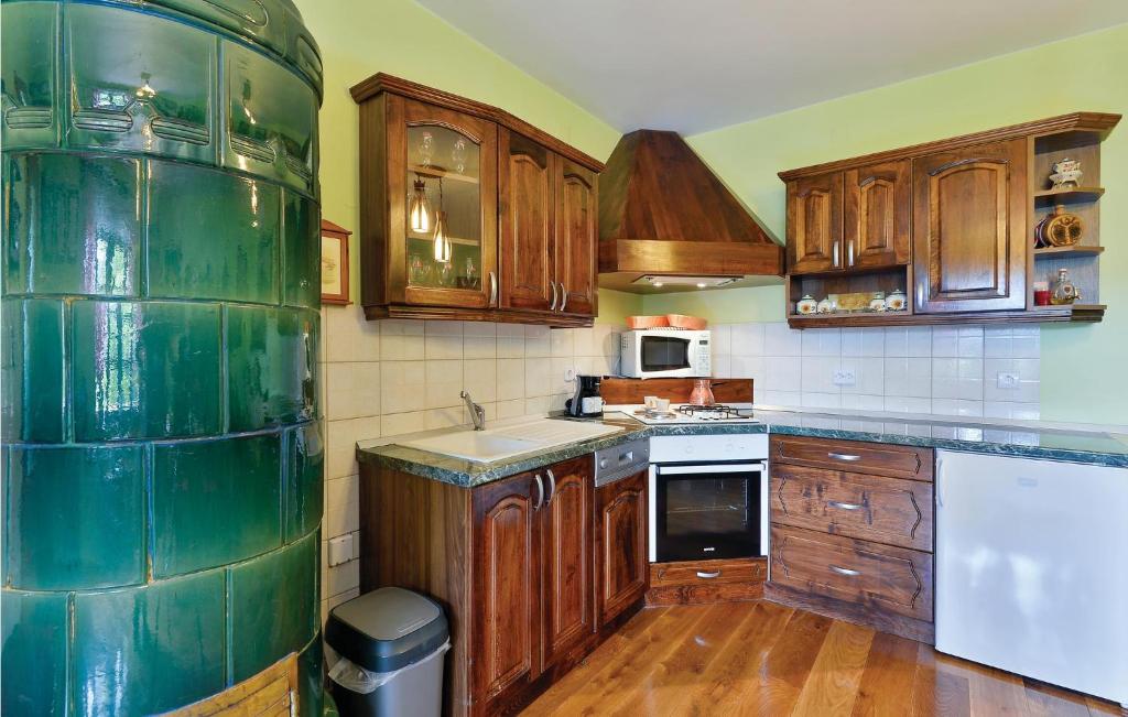 a kitchen with wooden cabinets and a green barrel at Amazing Home In Vinica With Wifi in Vinica