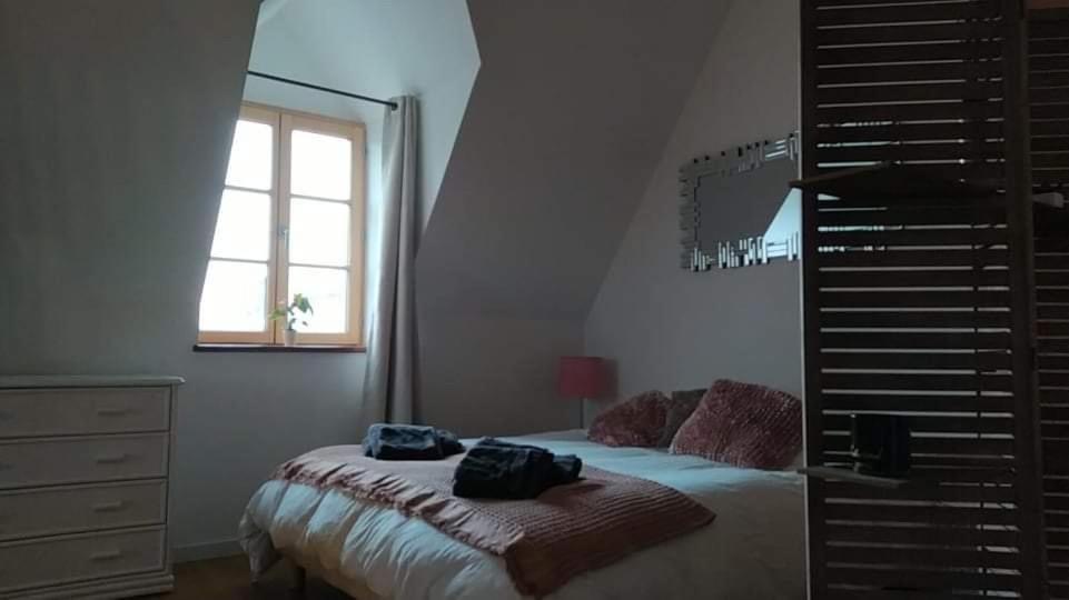- une chambre avec un lit et une fenêtre dans l'établissement Gîte Baie Bonheur, à Genêts