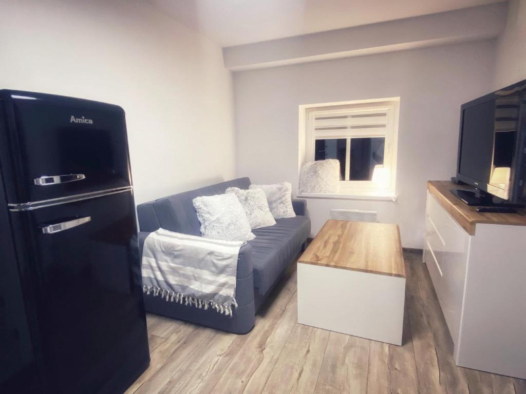 una pequeña sala de estar con sofá y TV en Komfortowe Apartamenty w Kamienicach - Sercu Miasta Dusznik Zdroju en Duszniki Zdrój