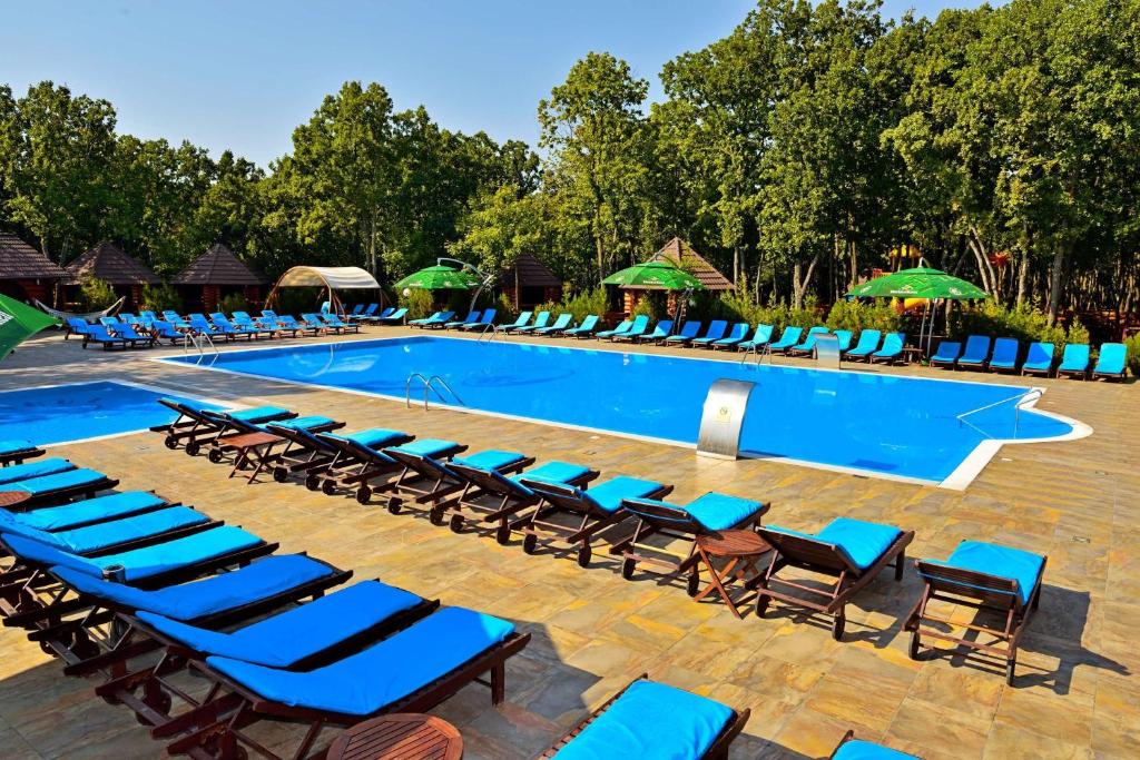 a swimming pool with lounge chairs and a resort at Complex Stejarul in Tuluceşti