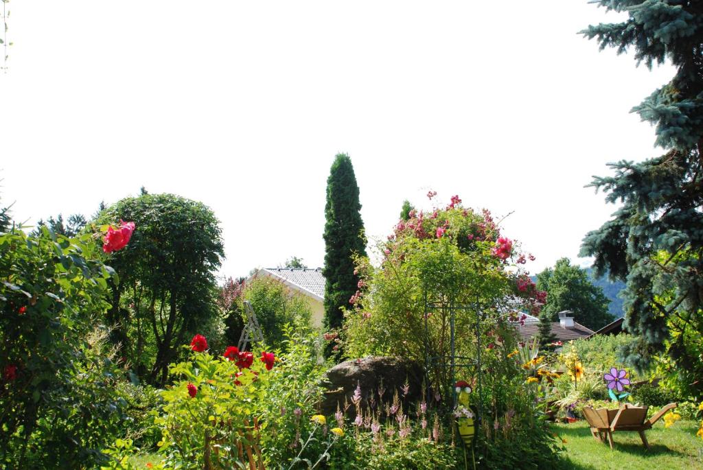a garden with colorful flowers and trees at Pension Krüger in Seeboden
