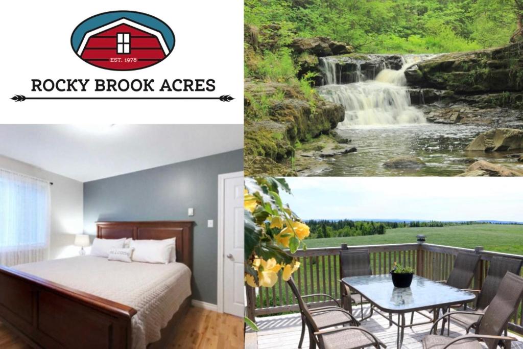 a room with a bed and a view of a waterfall at Rocky Brook Acres in Cormack