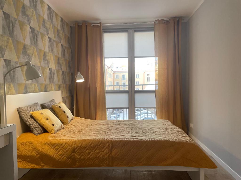 a bedroom with a bed and a window at Apartament PARYŻ in Białystok