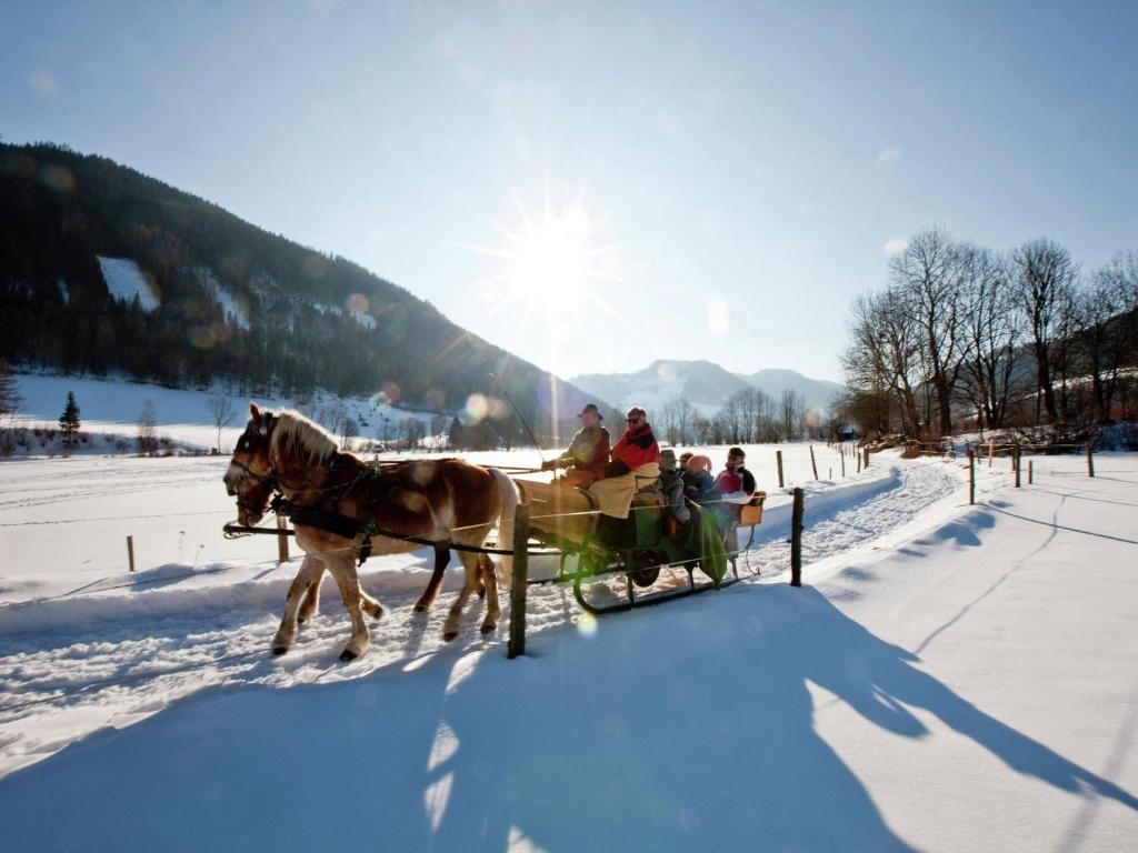 a group of people riding in a horse drawn carriage in the snow at Wooden chalet in Hohentauern with sauna in Hohentauern