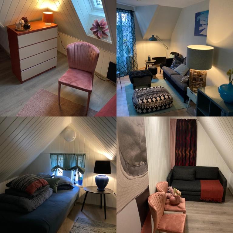 a collage of four pictures of a living room at Downtown Historical House with Renovated apartments in Ålesund